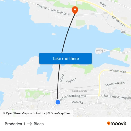 Brodarica 1 to Blaca map