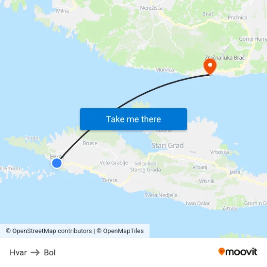 Hvar to Bol map
