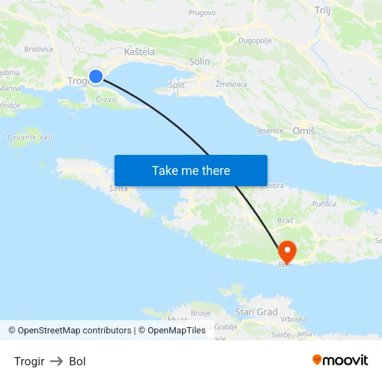 Trogir to Bol map