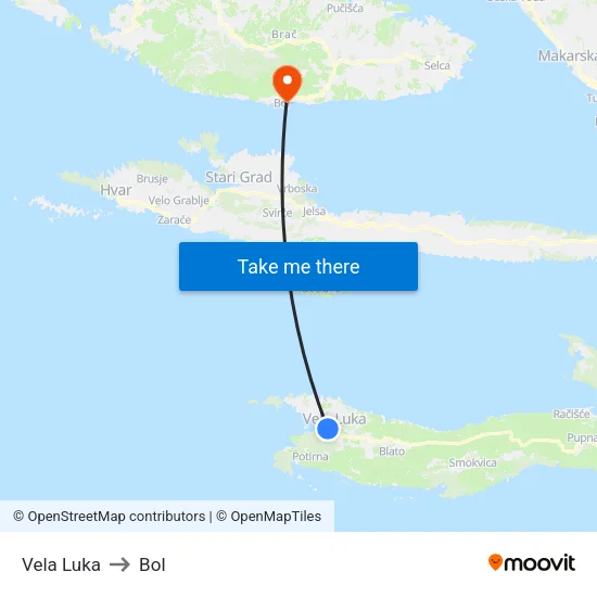 Vela Luka to Bol map