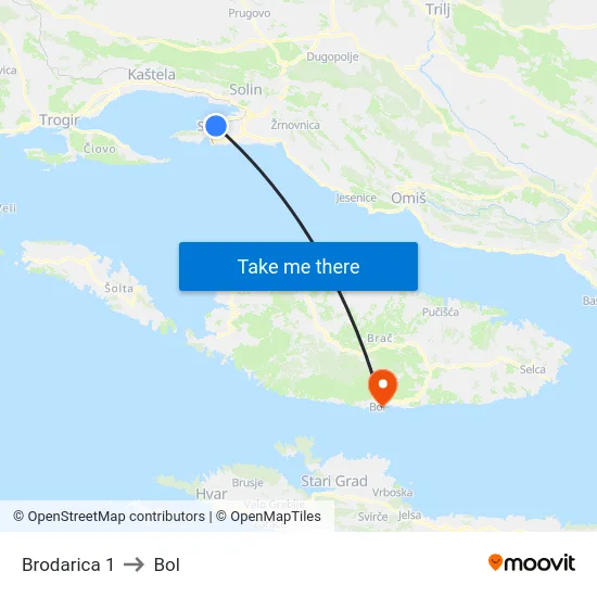 Brodarica 1 to Bol map