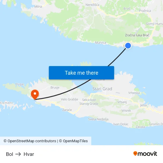 Bol to Hvar map