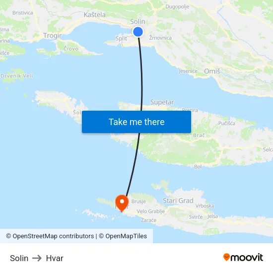 Solin to Hvar map