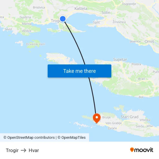 Trogir to Hvar map