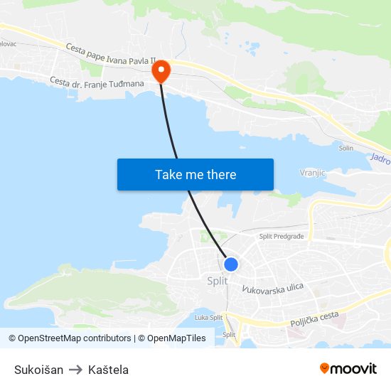 Sukoišan to Kaštela map