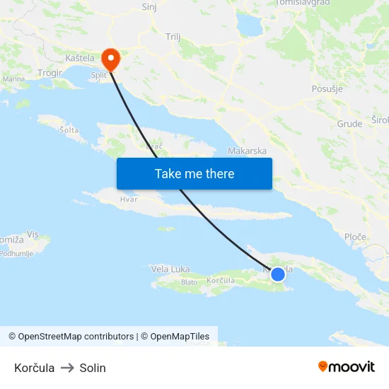 Korčula to Solin map