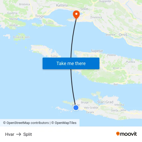 Hvar to Split map