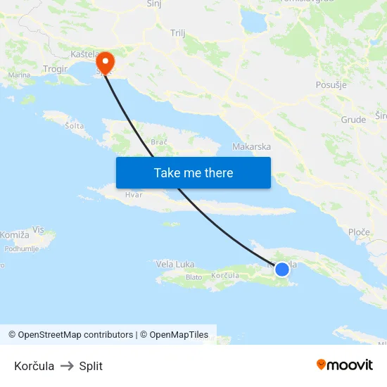 Korčula to Split map