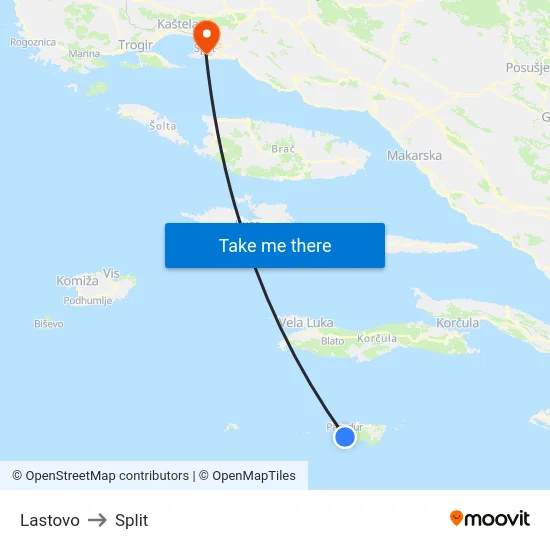 Lastovo to Split map