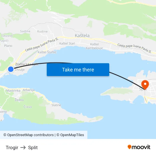 Trogir to Split map
