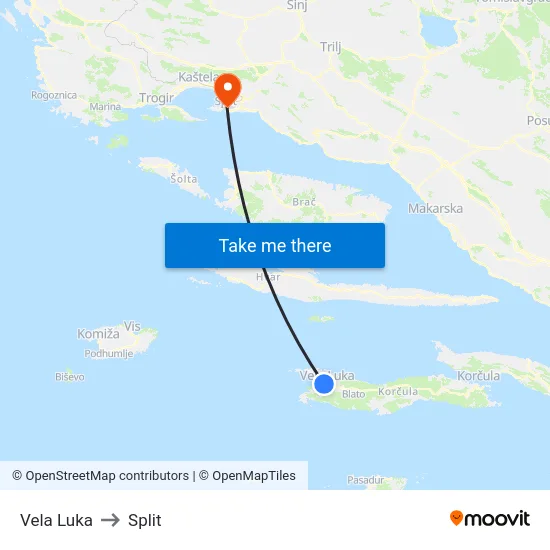 Vela Luka to Split map