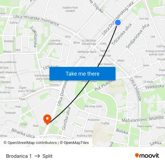 Brodarica 1 to Split map
