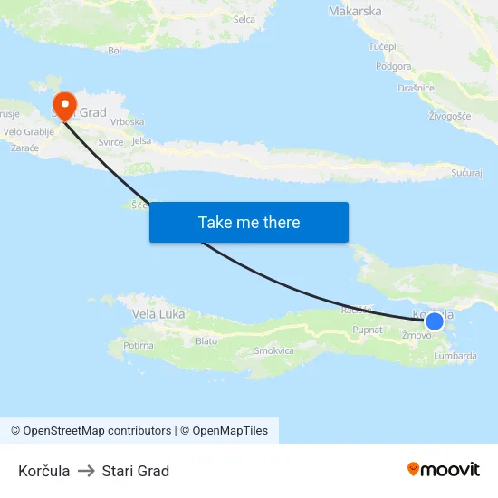 Korčula to Stari Grad map