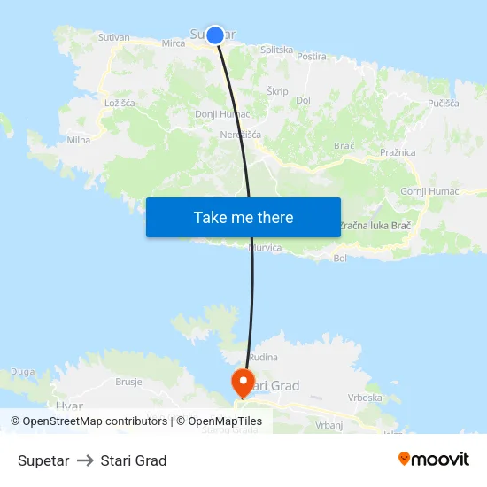 Supetar to Stari Grad map