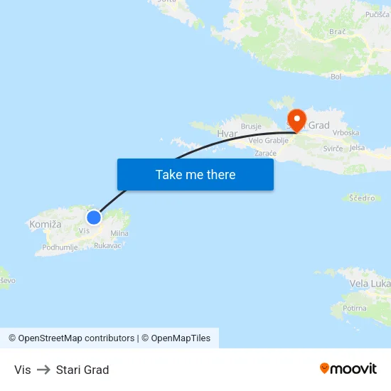 Vis to Stari Grad map