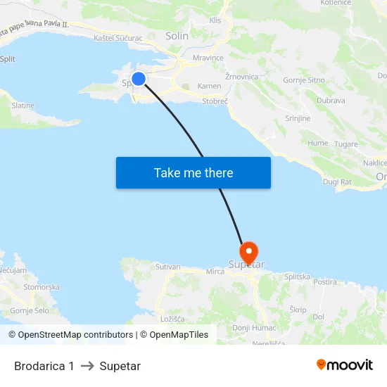 Brodarica 1 to Supetar map