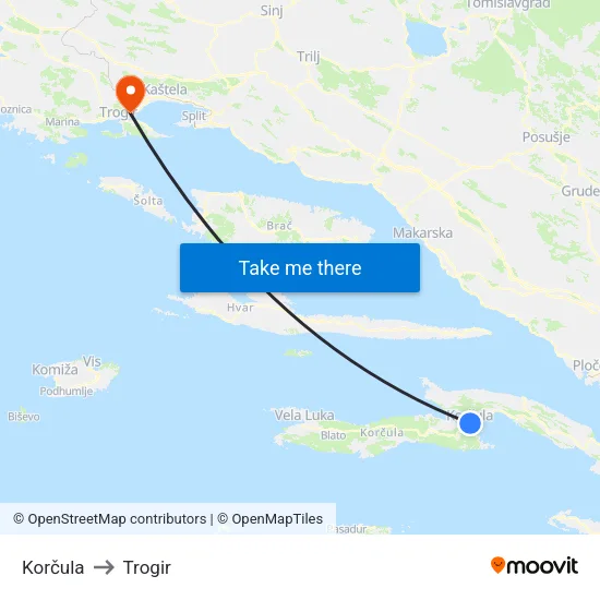 Korčula to Trogir map