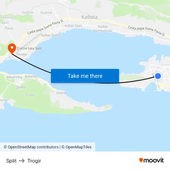 Split to Trogir map