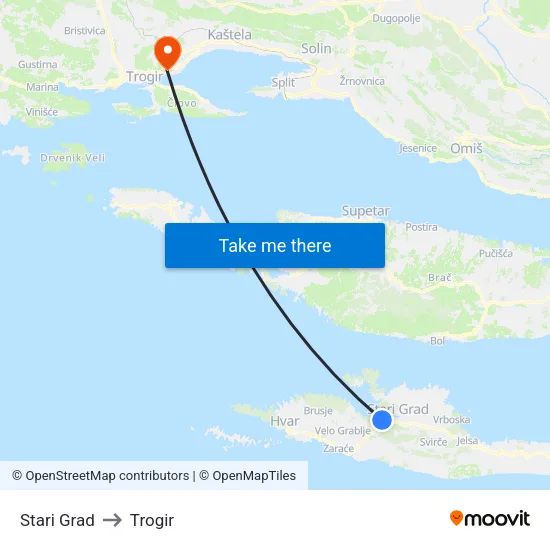 Stari Grad to Trogir map