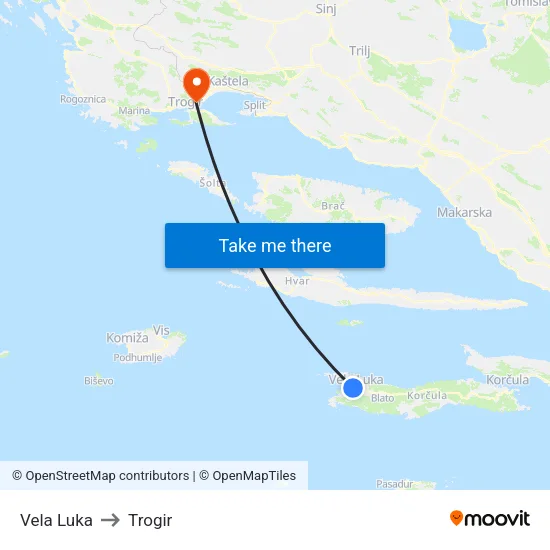 Vela Luka to Trogir map