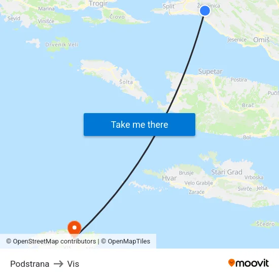 Podstrana to Vis map