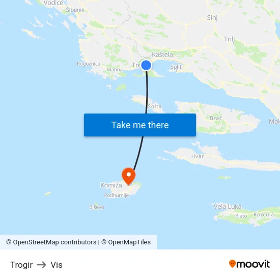 Trogir to Vis map