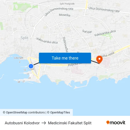 Autobusni Kolodvor to Medicinski Fakultet Split map