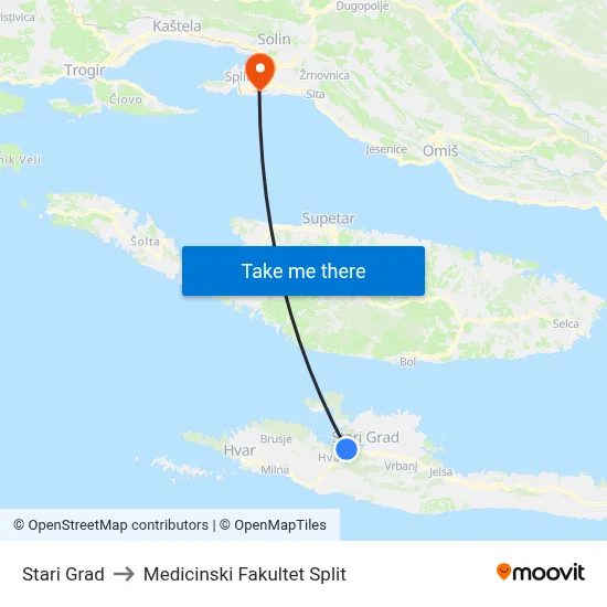 Stari Grad to Medicinski Fakultet Split map