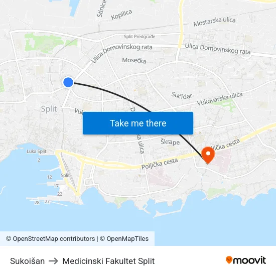Sukoišan to Medicinski Fakultet Split map