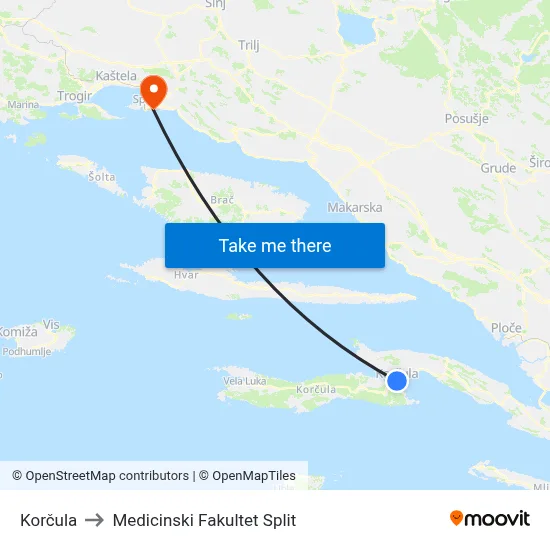 Korčula to Medicinski Fakultet Split map