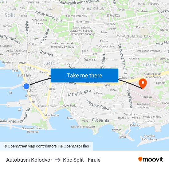 Autobusni Kolodvor to Kbc Split - Firule map