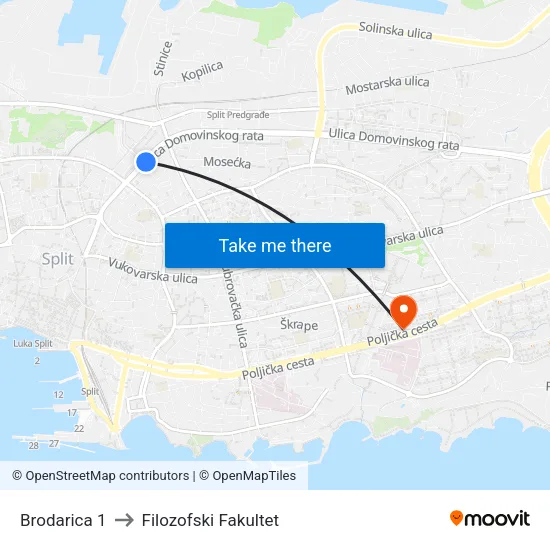 Brodarica 1 to Filozofski Fakultet map