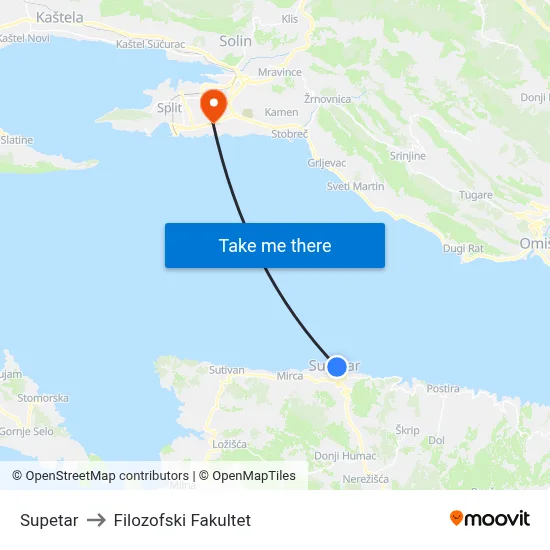 Supetar to Filozofski Fakultet map