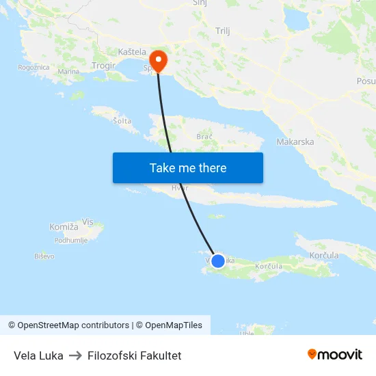 Vela Luka to Filozofski Fakultet map