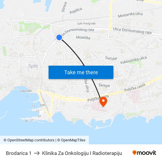 Brodarica 1 to Klinika Za Onkologiju I Radioterapiju map