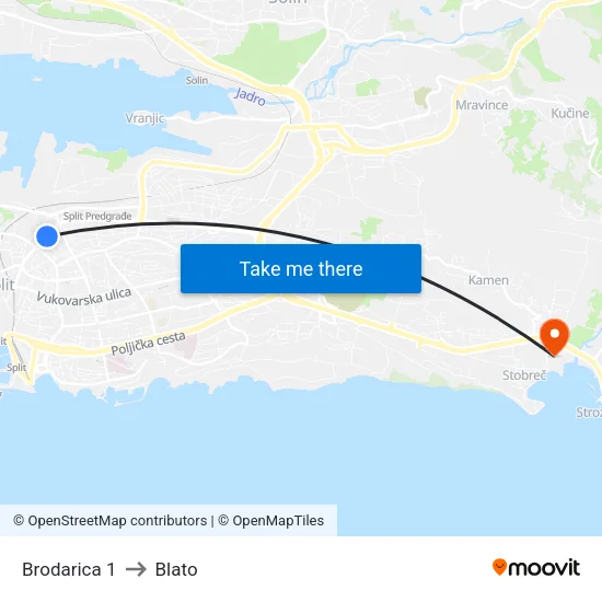 Brodarica 1 to Blato map