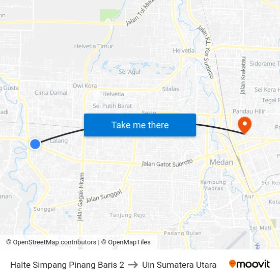 Halte Simpang Pinang Baris 2 to Uin Sumatera Utara map