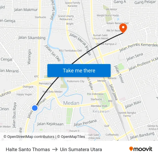 Halte Santo Thomas to Uin Sumatera Utara map