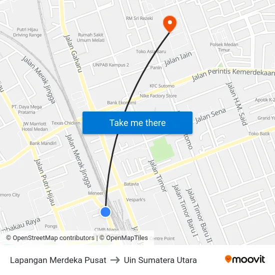 Lapangan Merdeka Pusat to Uin Sumatera Utara map