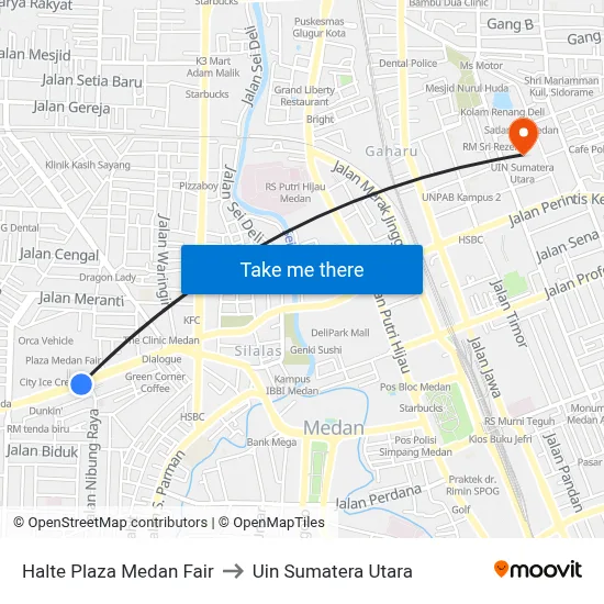 Halte Plaza Medan Fair to Uin Sumatera Utara map