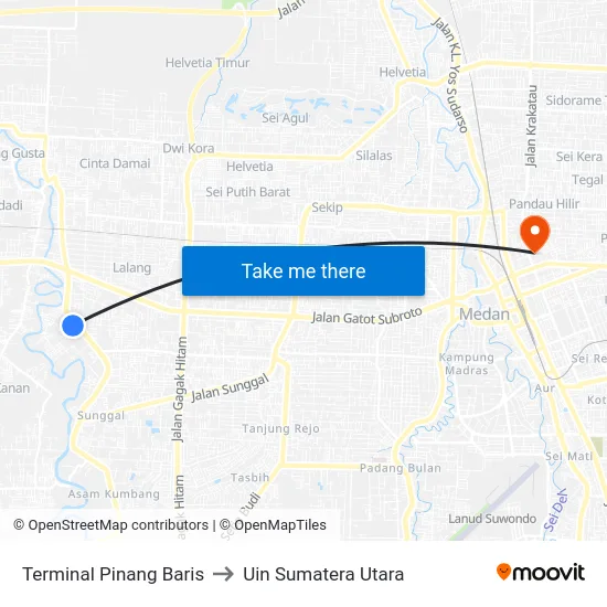 Terminal Pinang Baris to Uin Sumatera Utara map