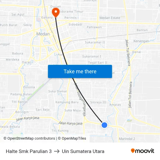 Halte Smk Parulian 3 to Uin Sumatera Utara map