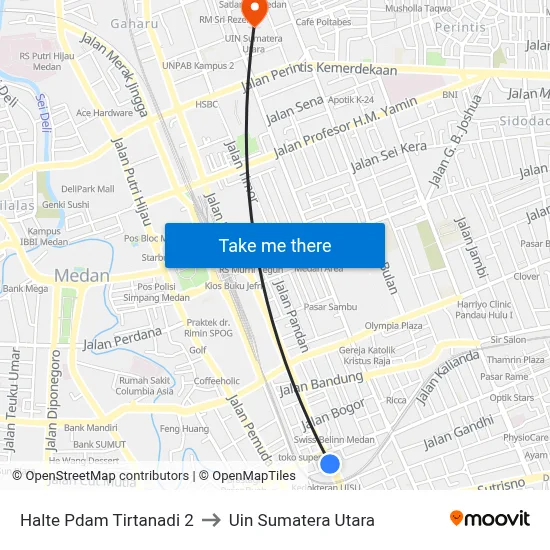 Halte Pdam Tirtanadi 2 to Uin Sumatera Utara map