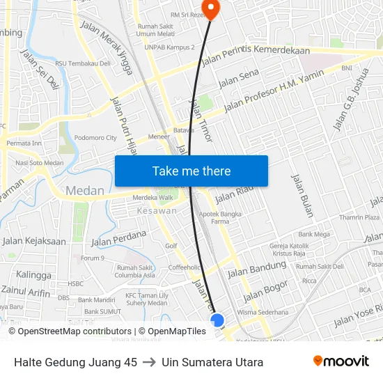 Halte Gedung Juang 45 to Uin Sumatera Utara map