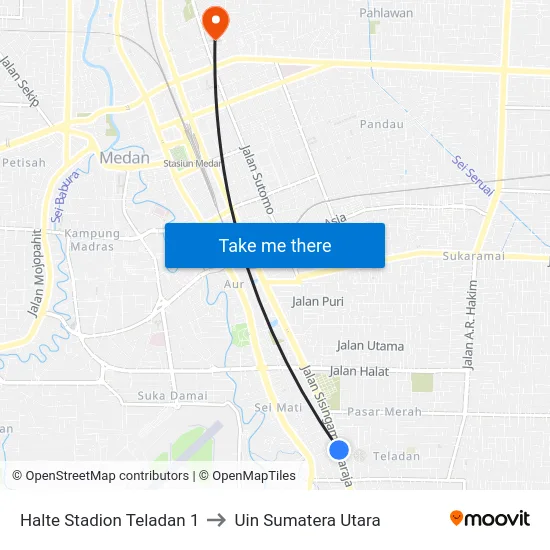 Halte Stadion Teladan 1 to Uin Sumatera Utara map