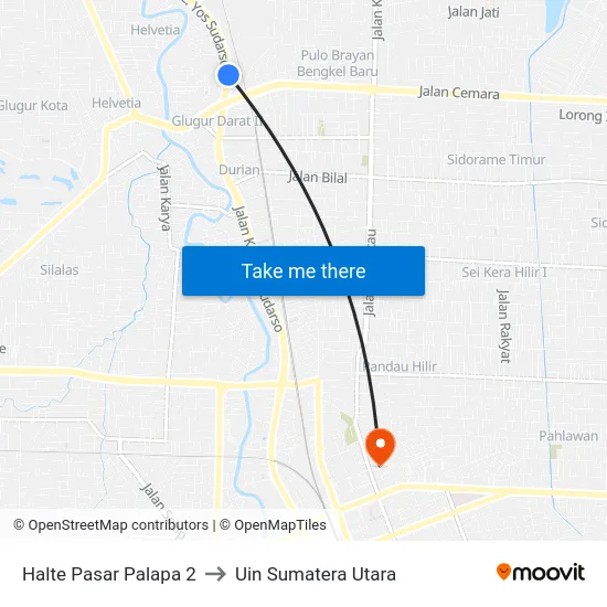 Halte Pasar Palapa 2 to Uin Sumatera Utara map