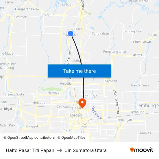 Halte Pasar Titi Papan to Uin Sumatera Utara map