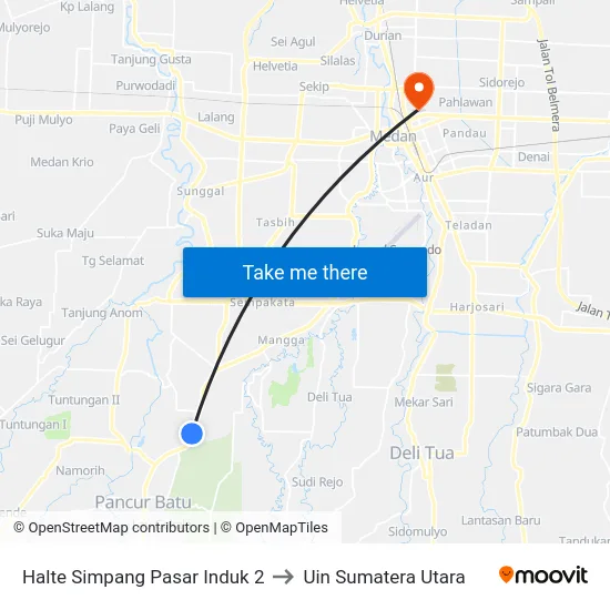 Halte Simpang Pasar Induk 2 to Uin Sumatera Utara map