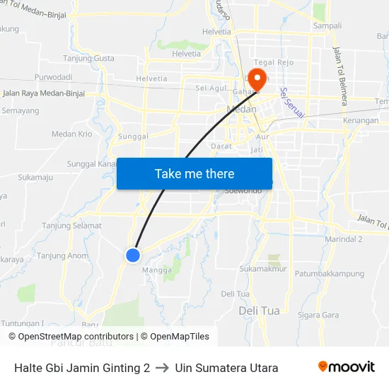 Halte Gbi Jamin Ginting 2 to Uin Sumatera Utara map