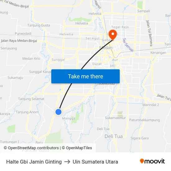 Halte Gbi Jamin Ginting to Uin Sumatera Utara map